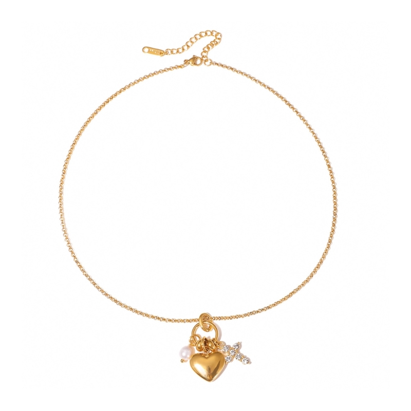 Women Accessories Meaning - Ayarlanabilir Zincir Kalp Haç İnci Kolye