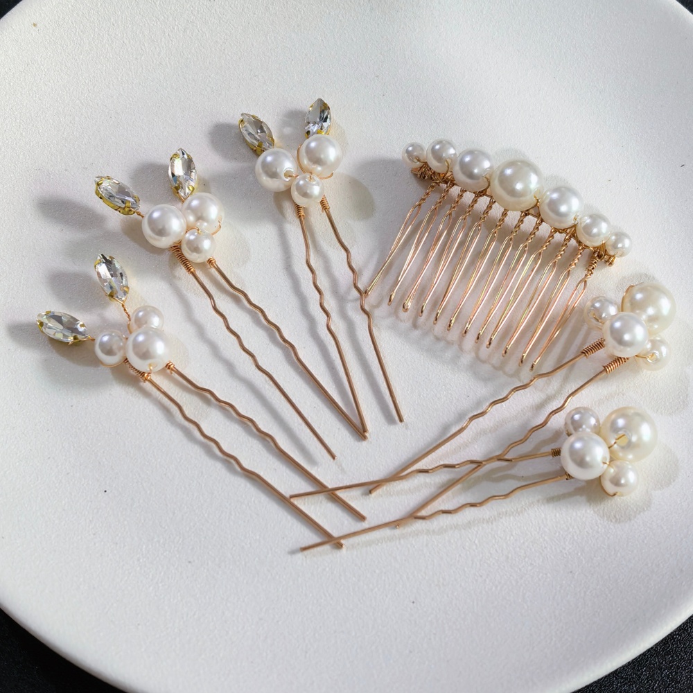 Women Accessories For Hand - İnci Kristal Saç Tokası Tarak Seti