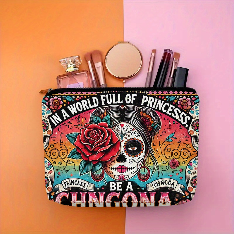 Women Accessories Pouch - Bir çiçek ve kuru kafa desenli